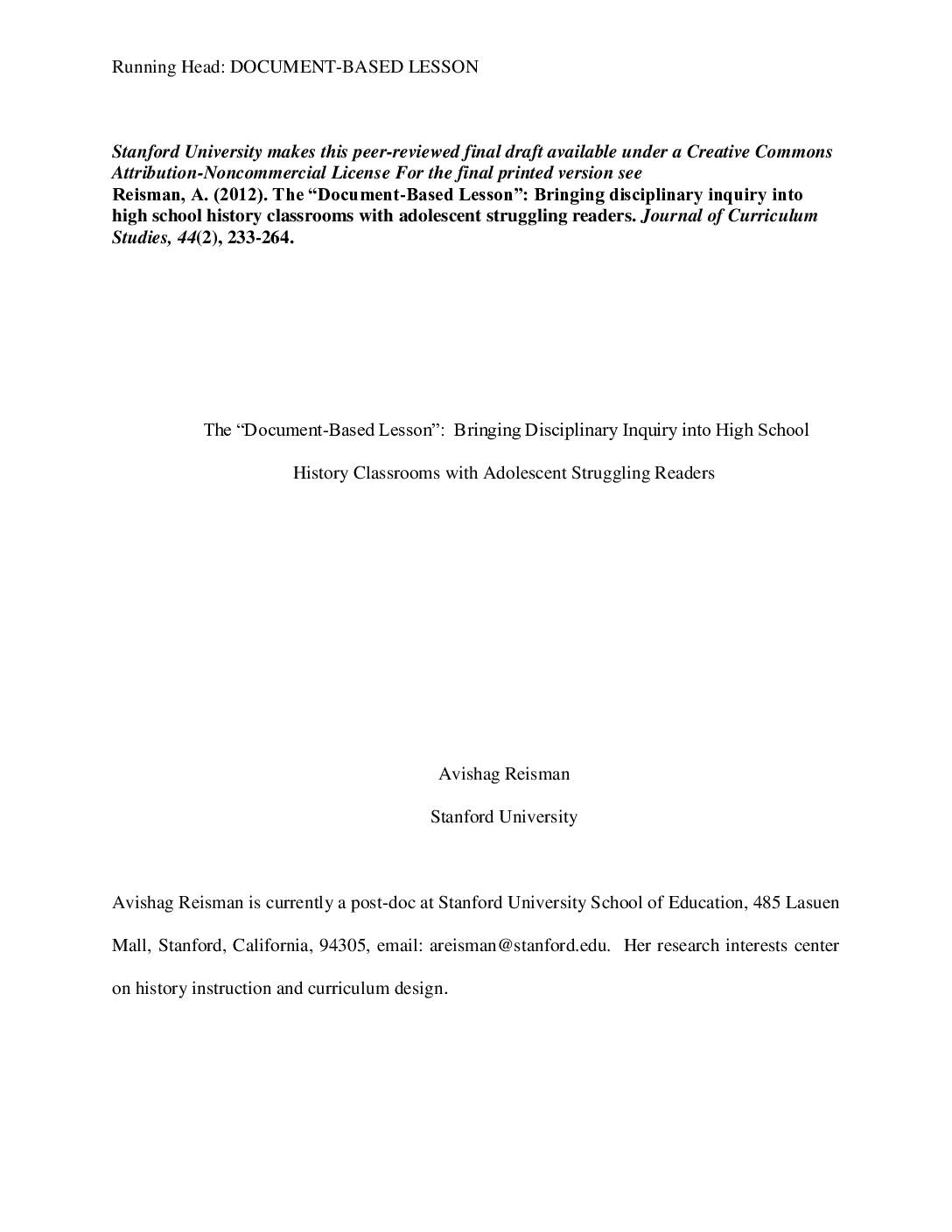 The Document Based Lesson Bringing Disciplinary Inquiry Into High 
