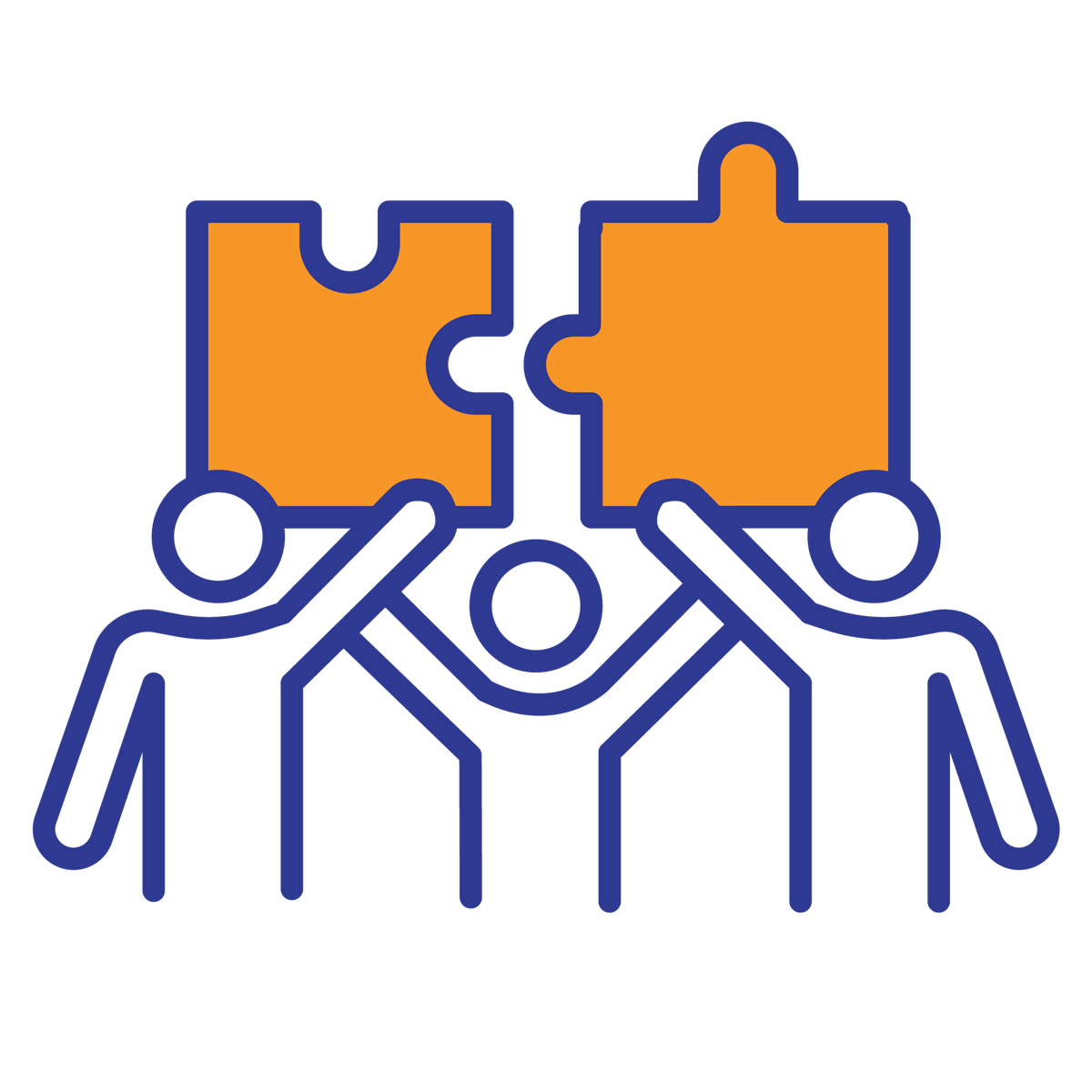 Three people holding up large puzzle pieces