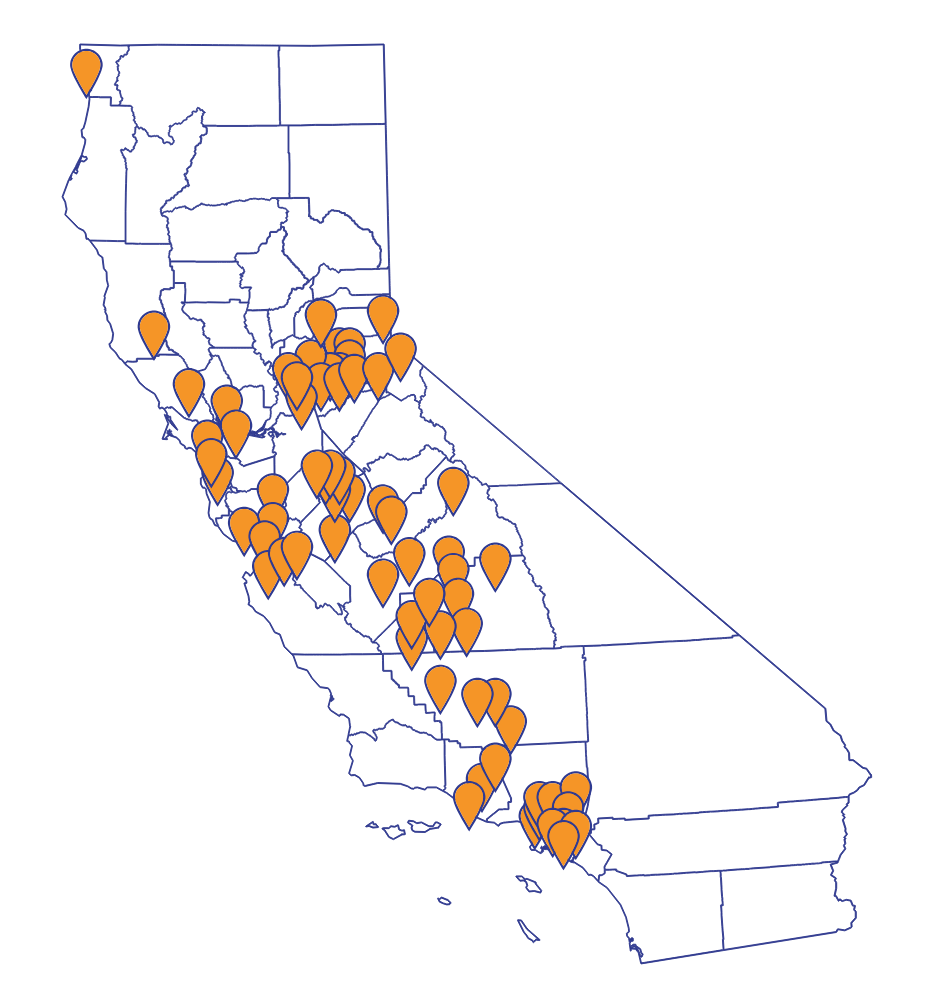 Map of California with pins on partner district locations